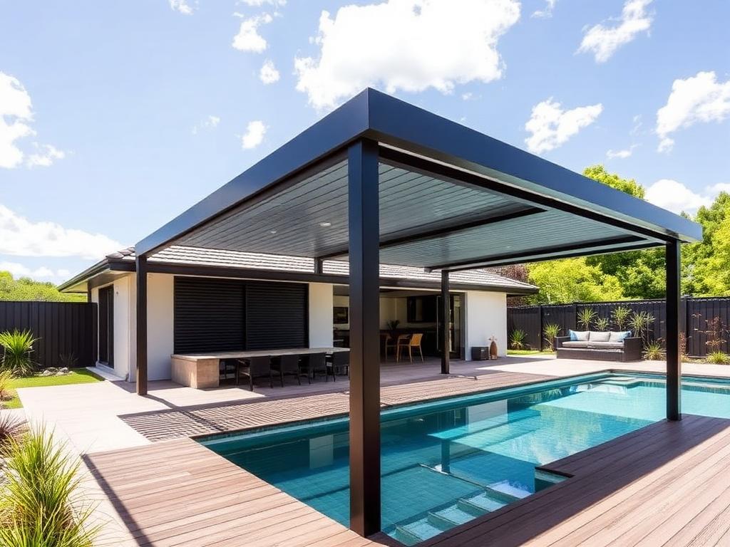 Pergola with integrated lighting at dusk